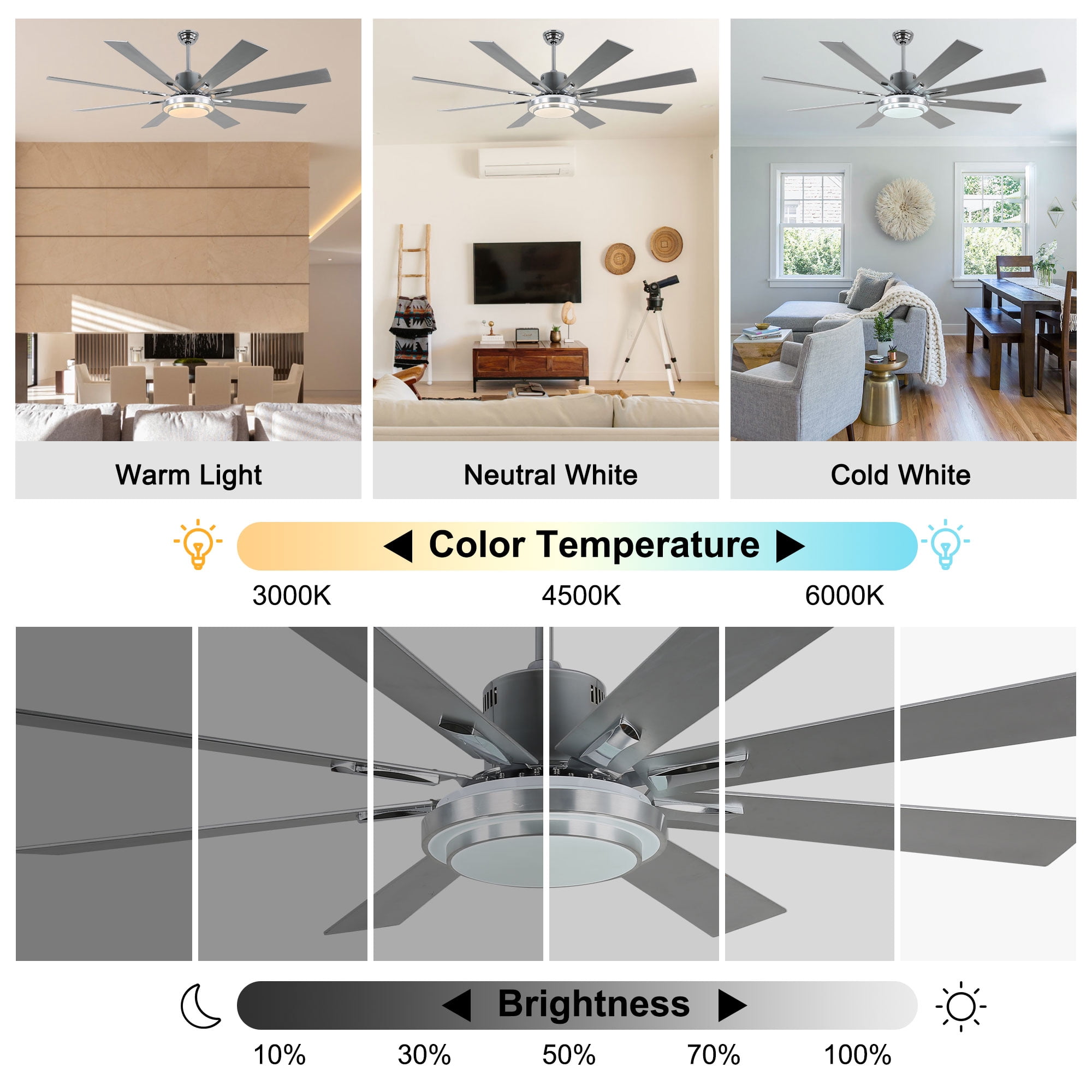 Bella Depot 72" Modern Silver LED Ceiling Fan 6-Speed Reversible Chandelier With Dimmable Light and Remote Control