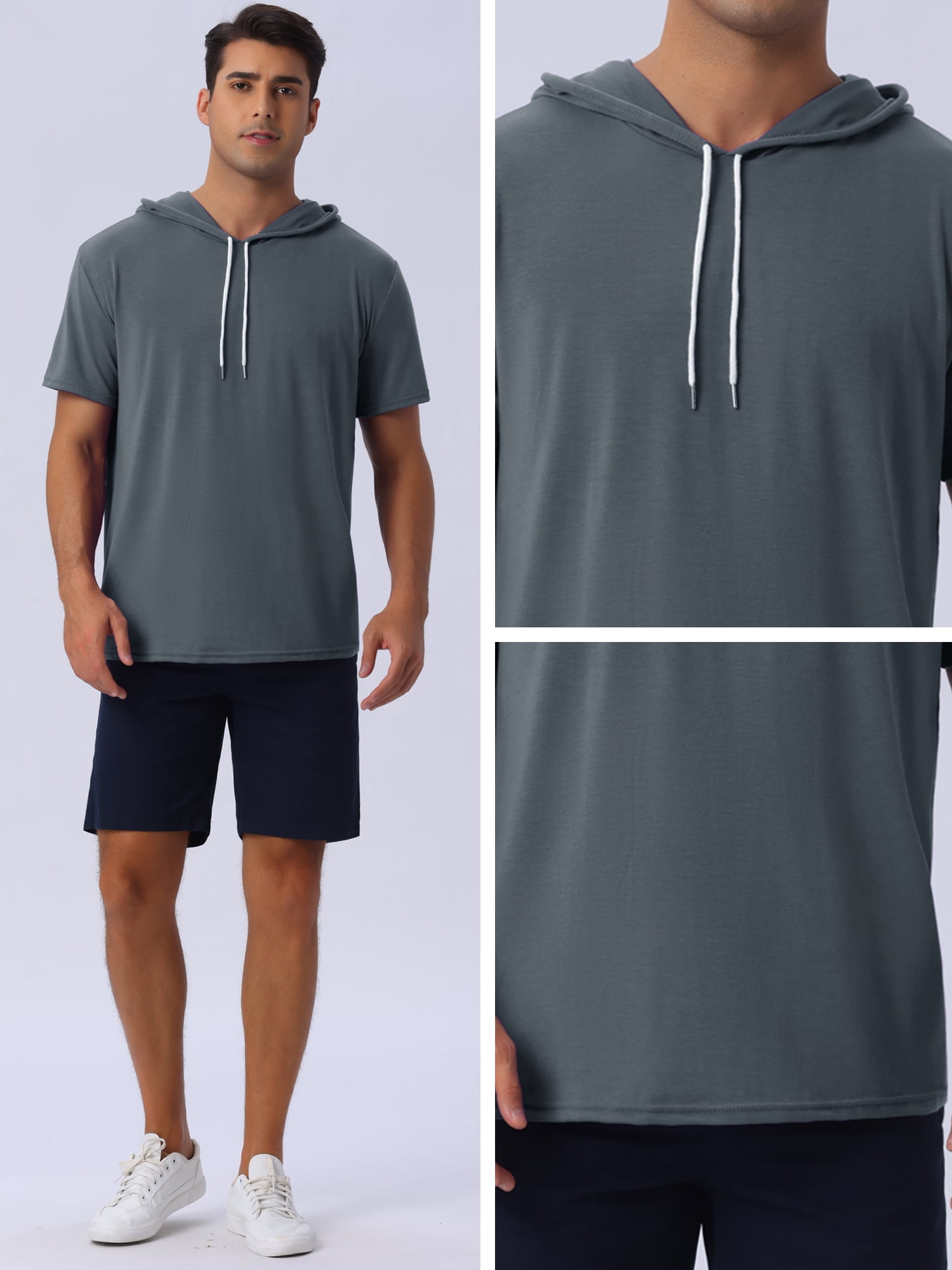 DARING DIVA Men's Casual Short Sleeve Pullover Drawstring Hooded T-Shirt S Dark Gray