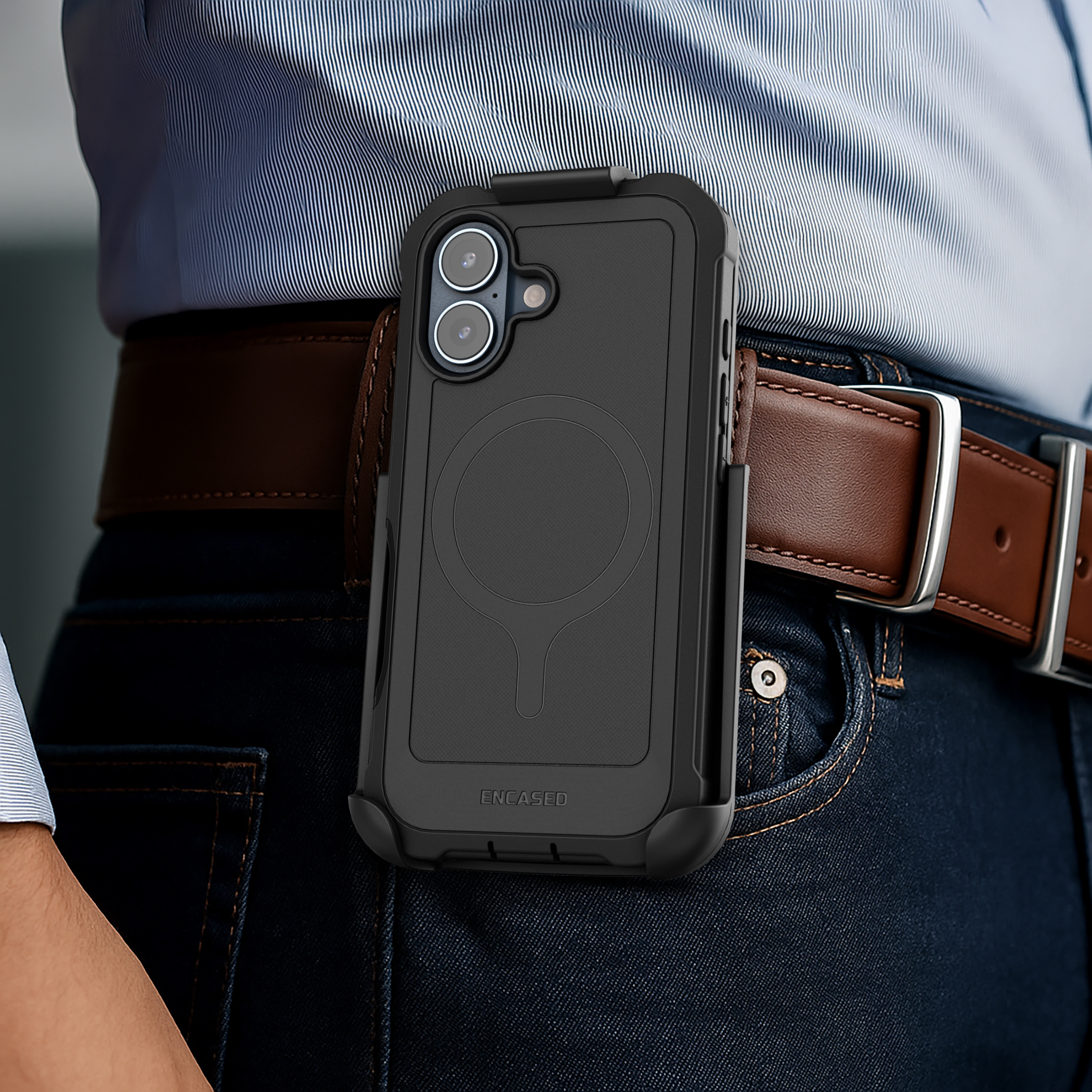 Encased for iPhone 17 Case with Belt Clip (Falcon Series) Full-Body Case with Built-in Screen Protector and Phone Holster (Compatible with MagSafe) Black