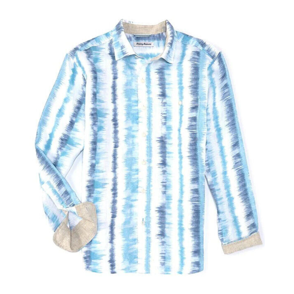 $135 Tommy Bahama Men's,Tie Dyed Tides Linen Long-Sleeve Camp Shirt, Dew Drop, S