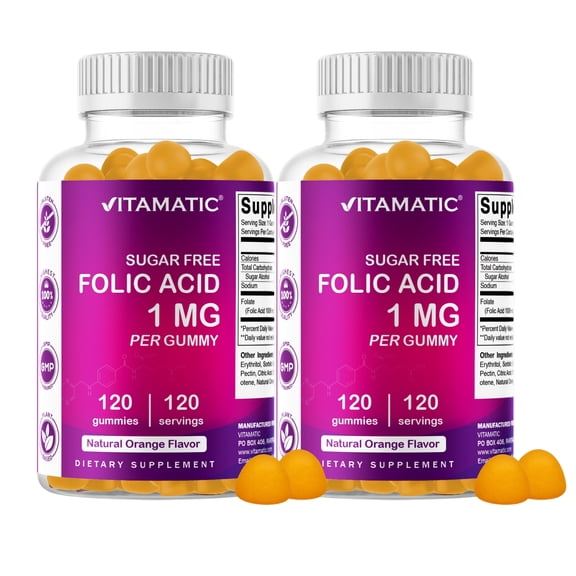 2 Pack Vitamatic Folic Acid Gummies 1000 mcg (1 mg) - an Essential Prenatal Vitamins for Mom & Baby - Vitamin B9 - 120 Vegan Gummies