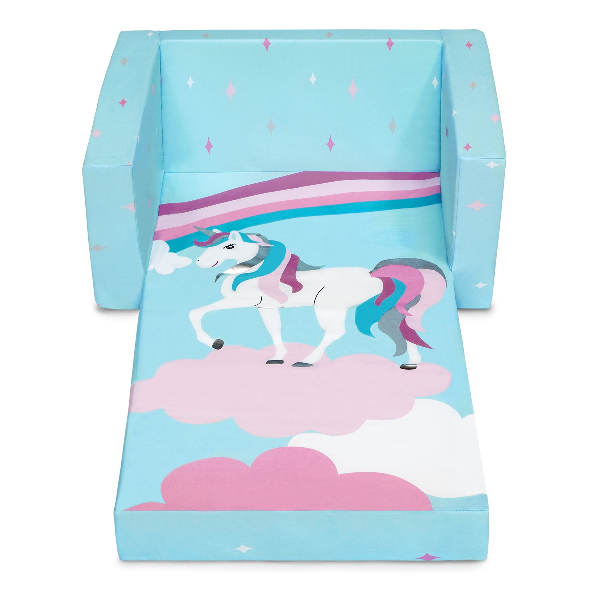 Delta Children Cozee Flip-Out Chair - 2-in-1 Convertible Chair to Lounger for Kids, Blue Unicorn