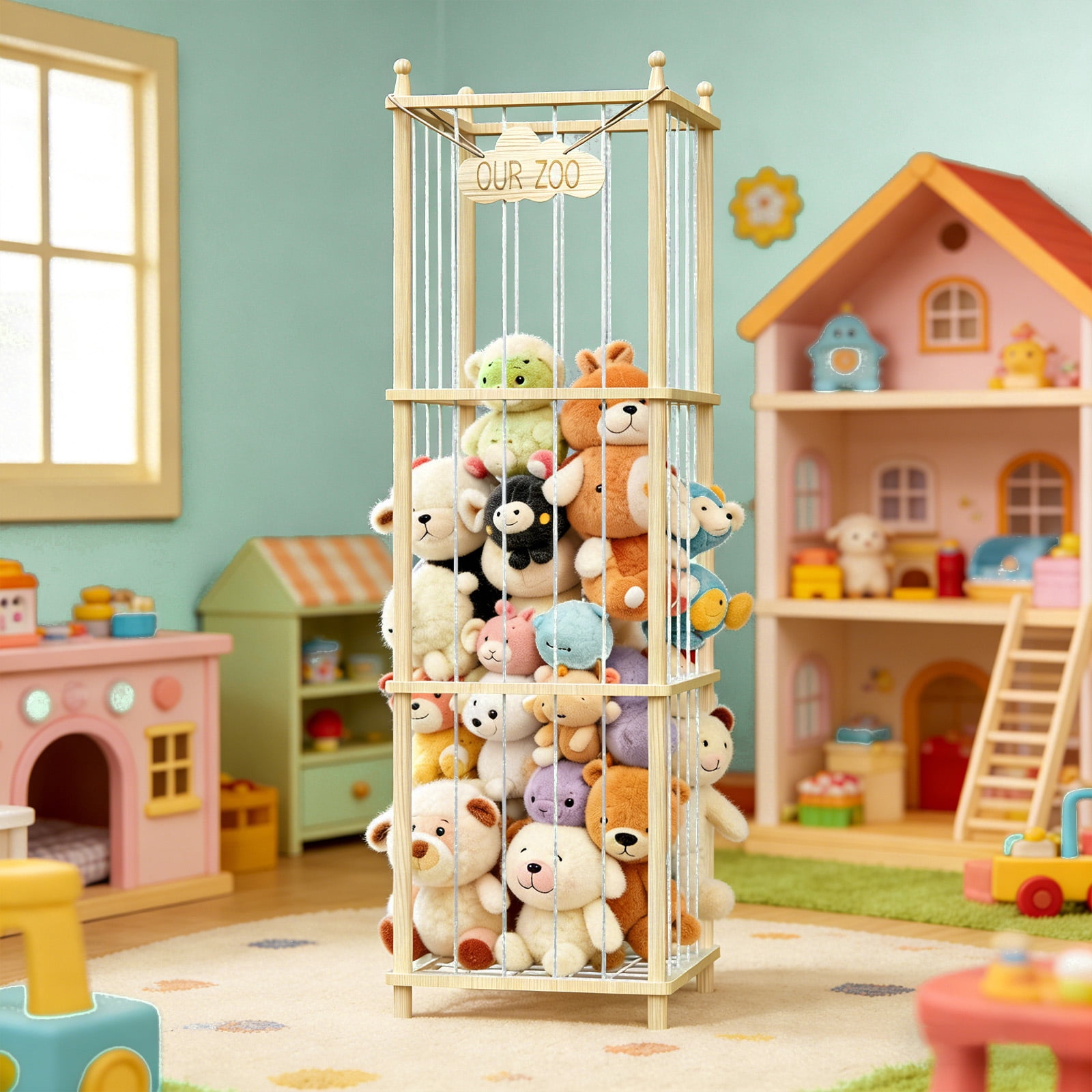 Bel Ark Stuffed Animal Storage Natural Pine Wood Toy Organizer, Space Saving Plushie Playhouse for Nursery, Playroom, Kids Bedroom
