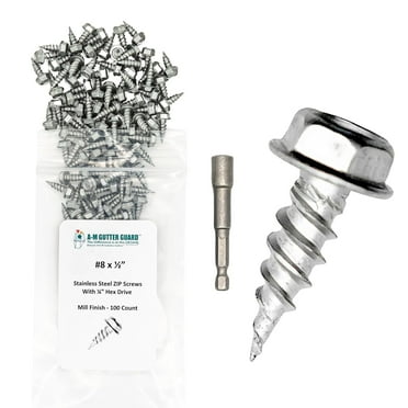 A-M Gutter Guard - 1/2" #8 Stainless Steel Zip Screws - Self-Piercing, Easy Start Tip - Mill Finish - 1/4" Hex Washer Head - 1/4" Magnetic Hex Driver - Pack of 100 – for Seamless Gutter Installation.
