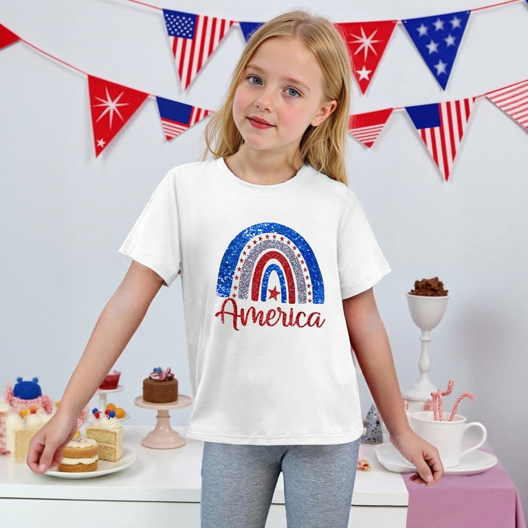 XADYUY Girls American Flag Rainbow Shirts Usa Flag Print Patriotic