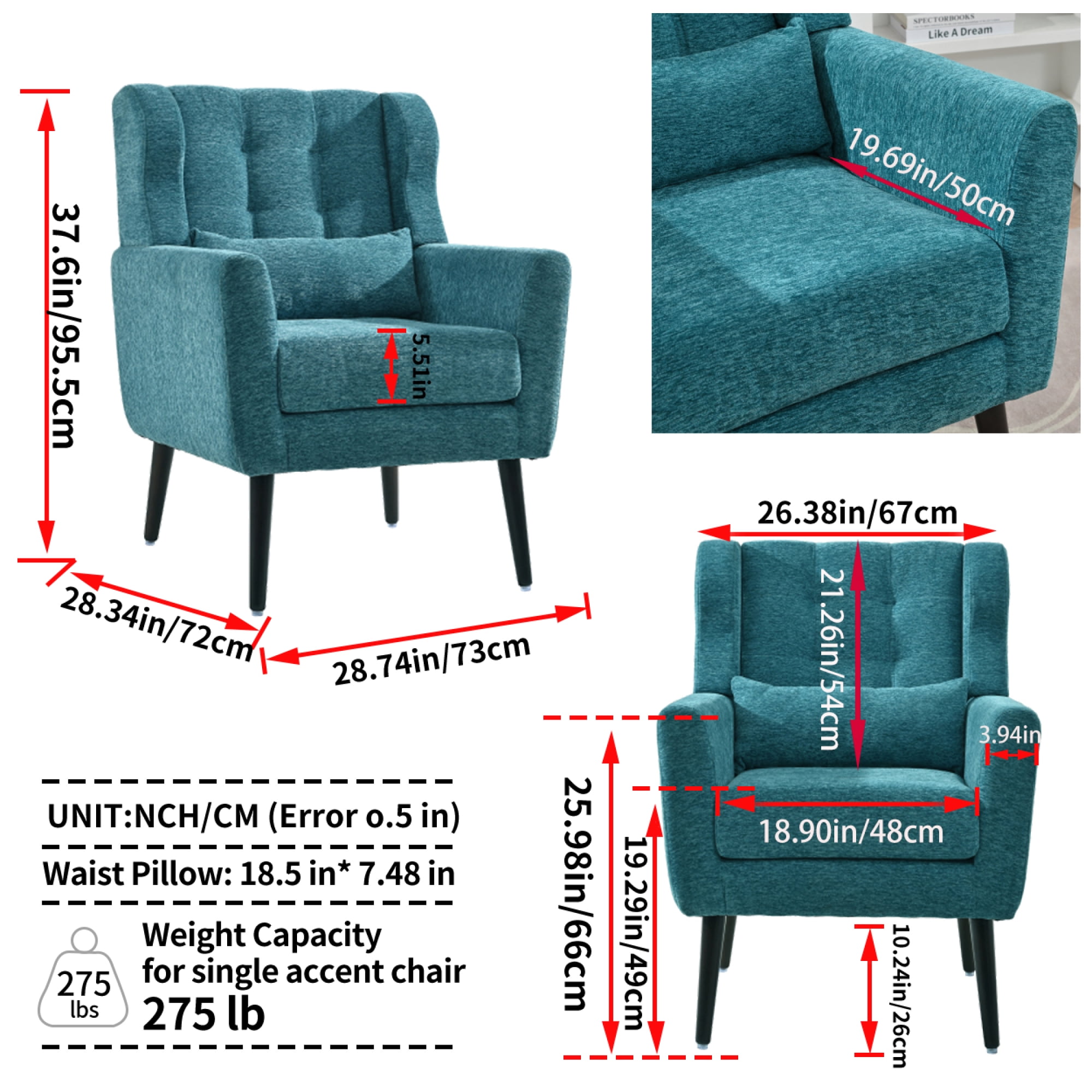 Leumius Modern Accent Chair with Solid Wood Leg, Chenille Armchair with Pillow, Comfy Soft Padded Lounge Chair for Small Space, Bedroom, Living Room Teal