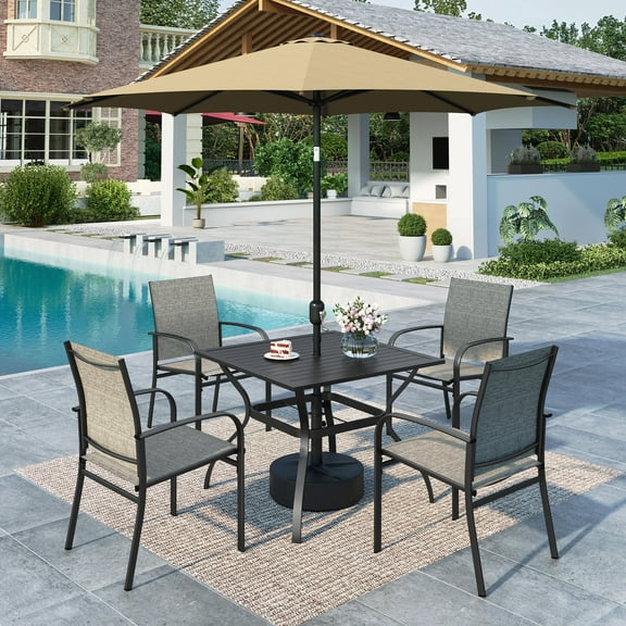 MF Studio 6-Piece Outdoor Patio Dining Set with 9 ft Umbrella, Metal Steel Square Table & 4 Textilene Chairs, Black & Gray