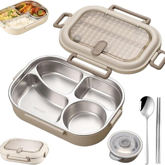 Microwave-Safe Stainless Steel Lunch Box 1500ml, 4-Compartment Bento Container with Divider, Soup Bowl & Reusable Spoon