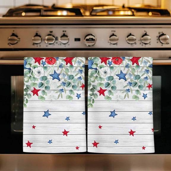 4th of July Kitchen Towels Set of 1, Memorial Day Patriotic Star Leaf Wooden Absorbent Dish Towels for Kitchen, Microfiber Hand Towel, Quick Drying Tea Towel for Cleaning Decorative Dishcloths