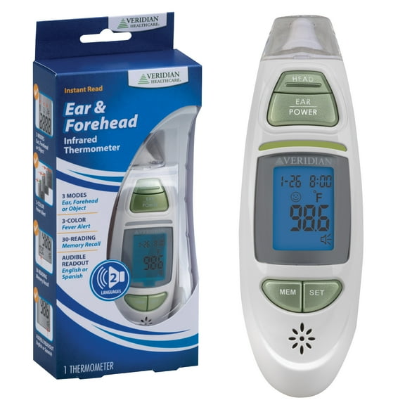 Veridian Ear and Forehead Thermometer | Audible English Spanish Results for Visually Impaired | Tympanic Infrared Measurements | Instant 1-Second Readout | Tri-Color Fever Alert