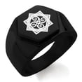 thumbnail image 1 of Stainless Steel Shadow Magic Rune Engraved Hexagon Crest Flat Top Biker Style Polished Ring, 1 of 1