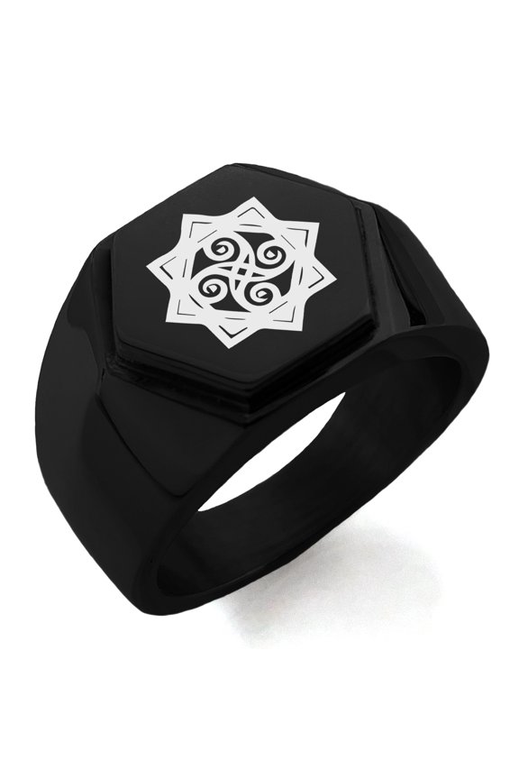 Stainless Steel Shadow Magic Rune Engraved Hexagon Crest Flat Top Biker Style Polished Ring