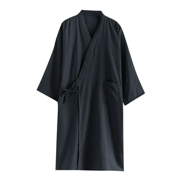 Agkizg Plus Size Men's Cottons Bathrobe,Long Robes for Men's House Robes,Mens Casual Summer Long Sleeve V-Neck Lightweight Breathable Robe with Straps Pockets Loungewear Home Wear