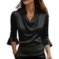 thumbnail image 2 of Lumtrix Womens Elegant Cowl Neck Satin Blouse Casual Bell 3/4 Sleeve Tops Dressy Business Collared Ruched Shirts Black L, 2 of 6