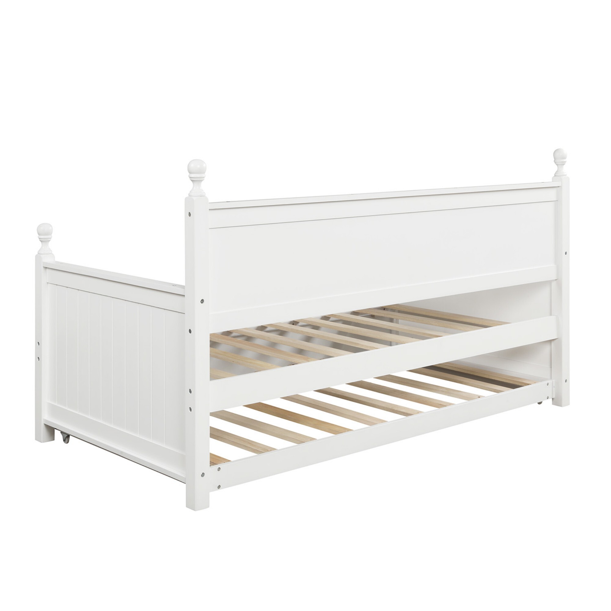 AENKYO Solid Pine Wood Twin Daybed with Trundle, 2-in-1 Convertible Sofa Bed for Guest Room/Kids Room, White