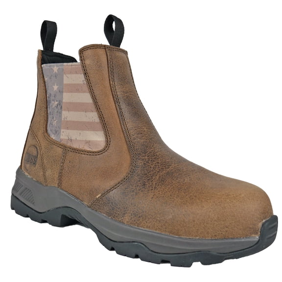 HOSS Men’s Composite Toe Pull-On Western Work Boot Slip Resistant EH Old Glory Distressed Brown