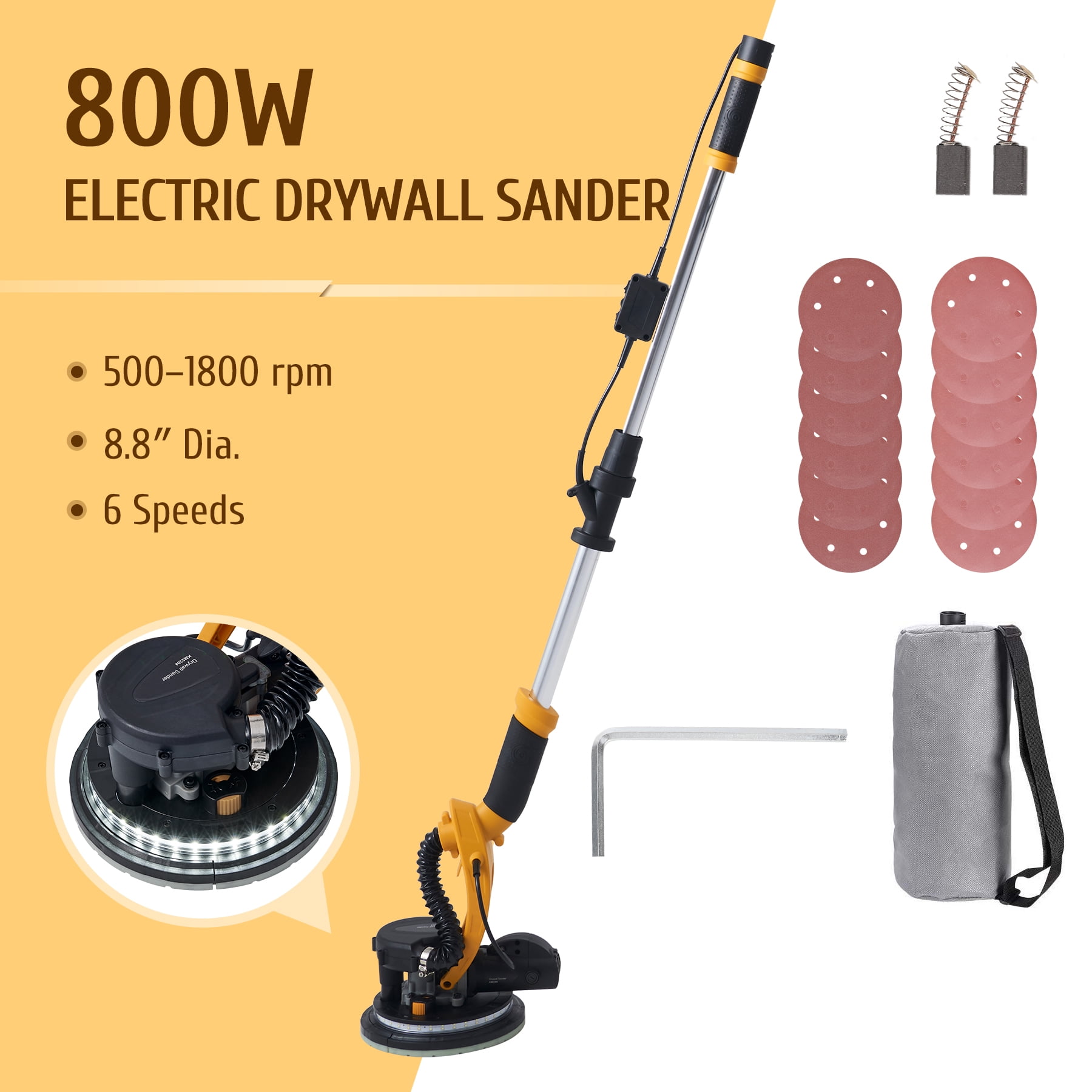 800W Folding Drywall Sander with Extending Handle, Vacuum, LED Light