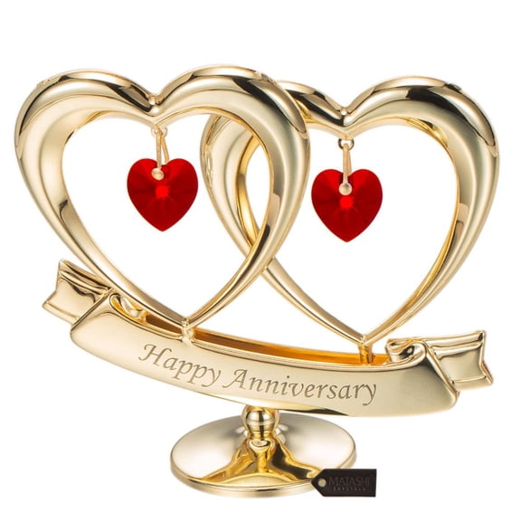 Matashi 24K Gold Plated Double Heart Happy Anniversary Ornament with Red Crystals, Elegant Tabletop Décor Gift for Husband, Wife, Mom, Dad