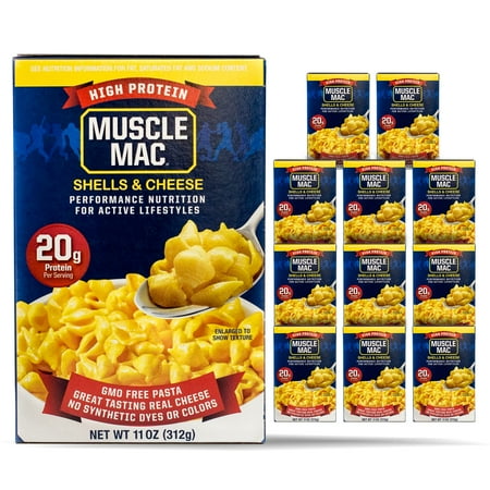Muscle Mac | Shells & Cheese Pasta For All Ages, 20 Grams Of Protein Per Serving, Real Cheese, Non-GMO, (12 Boxes)