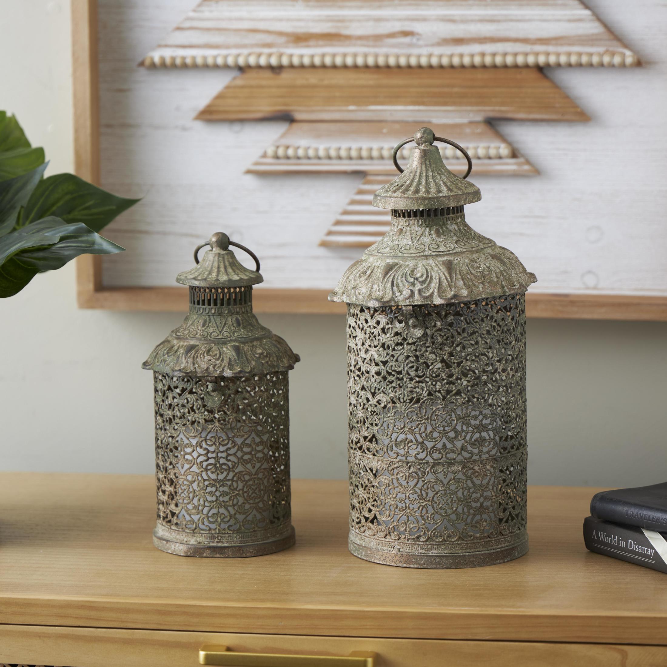 DecMode 2 Holder Brown Metal Scroll Distressed Vintage Inspired Ornate Candle Lantern, Set of 2