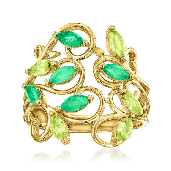 Ross-Simons 0.60 ct. t.w. Peridot and .50 ct. t.w. Emerald Vine Ring in 14kt Yellow Gold, Women's, Adult