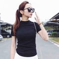 thumbnail image 3 of Women Summer Half High Collar Solid Color Loose Short Sleeve Casual Simple Wild Tops, 3 of 6