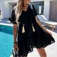 thumbnail image 4 of Bigersell Spaghetti Strap Dresses for Women Solid Color Short Sleeve V-neck Drape Pleated Dress Beach Wedding Guest Dresses for Female Regular Wrap Dresses, Style 33293, Black M, 4 of 9