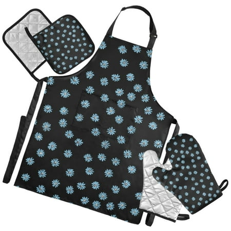 Ryvnso Daisy Floral Blue Kitchen Apron Oven Mitts Set Pot Holders
