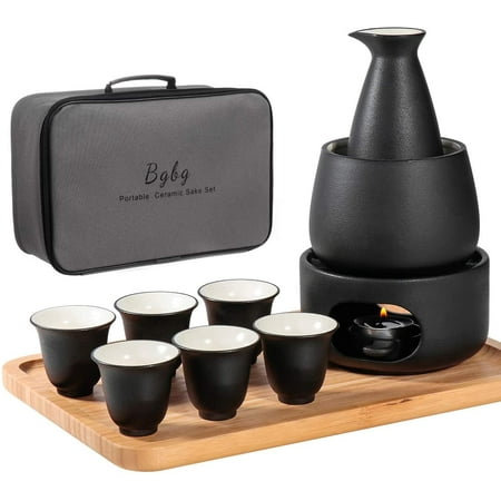 

Ceramic Sake Set with Warmer Pot Bamboo Tray-Traditional Japanese Pottery Hot Saki Set 11-Piece including 1 Sake Pot 6 Sake Cups，1 Warming Mug，1 Candle Stove 1 Candle Tea Light Holder and 1 Tray
