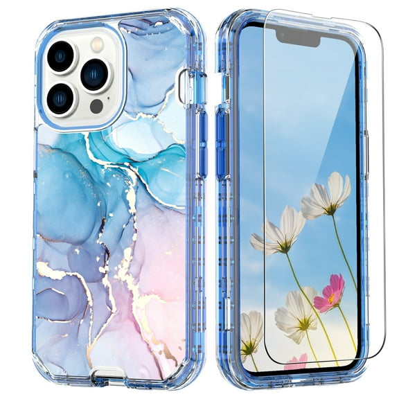 Dteck for iPhone 14 Pro Max Case with Tempered Glass Screen Protector, Slim Stylish Marble Pattern for Women Girls Full Body Military Grade Rugged Cover for iPhone 14 Pro Max,Blue