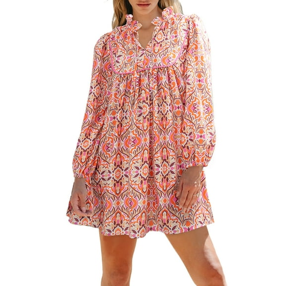 Women's Khaki Abstract Printed Long Sleeve Mini Dress with Tied Neckline | [ZhiHiMeRi] | (US 12-14)L