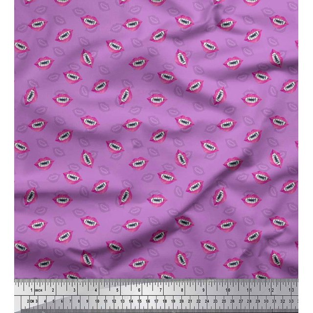 Soimoi Purple Rayon Fabric Monster Lips & Teeth Face Print Fabric by Yard 42 Inch Wide
