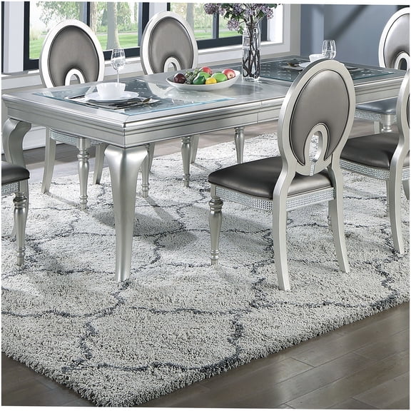 Rectangular Dining Table with Glass Top, Silver Champagne Finish for 6-Seater Dining Room, Traditional Solid Wood and MDF Base