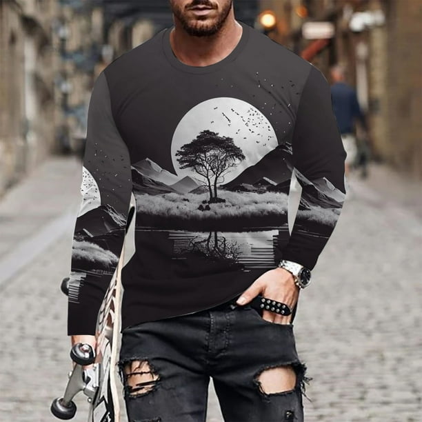 Blusas y camisas de manga larga y cuello redondo para hombre, camisetas informales con estampado de cuello redondo, blusas de manga corta para hombre