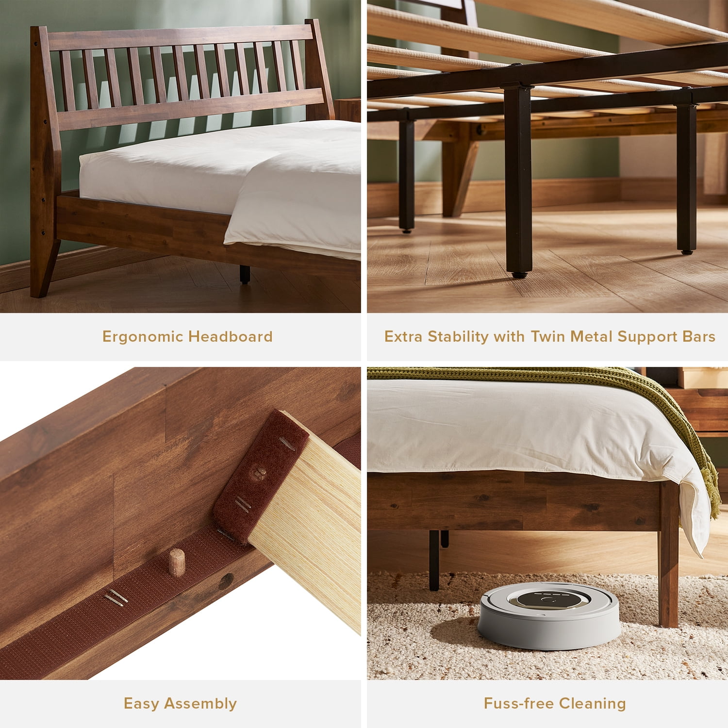 Mopio Ted King Bed Frame with Headboard, Full Size Bed Frame, Mid Century Modern Acacia Solid Wood Platform Bed Frame, Wooden Bed Slats, No Box Spring Needed, Double Metal Bar Support, Walnut
