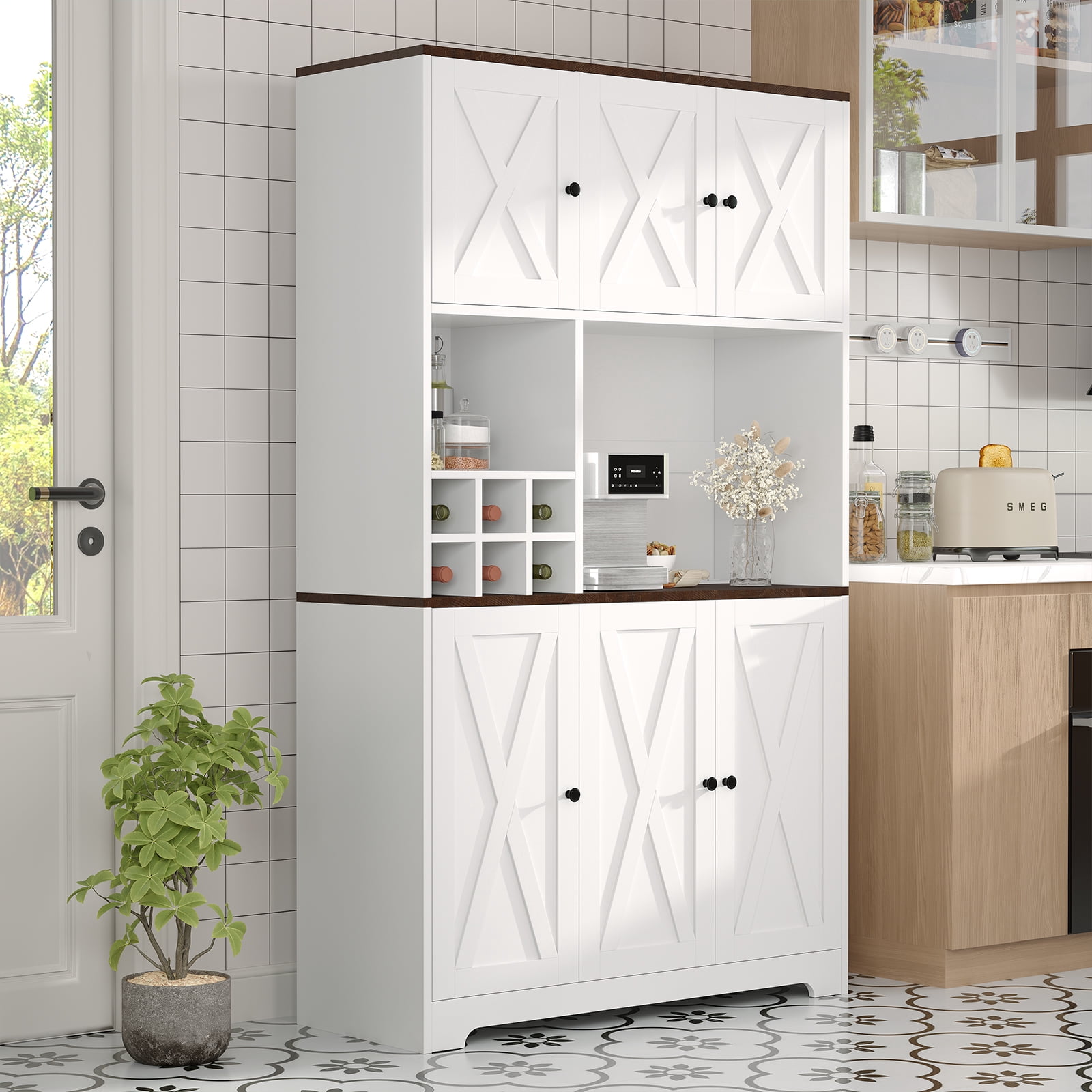 71 Inch Tall White Kitchen Pantry Cabinet, Modern Farmhouse Kitchen Hutch Storage Cabinet with Wine Rack, Freestanding Coffee Bar Station with Storage for Dining Room, Living Room