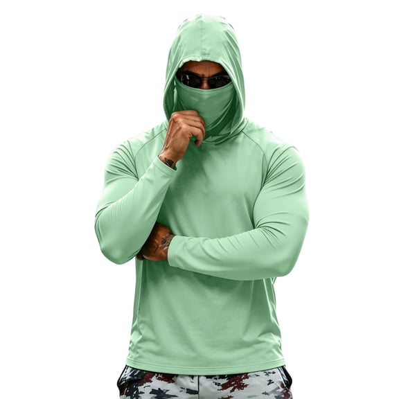 Hooded Sun Protection Shirts for Men Long Sleeve Solid Color Shirt with Face Mask Outdoor Fishing Hoodies, M