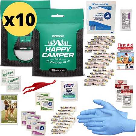Go2Kits Happy Camper Outdoor First Aid Kit Waterproof Resealable Compact Pouch Camping Hiking Travel Survival Pouch (TREK300 10-Pack)