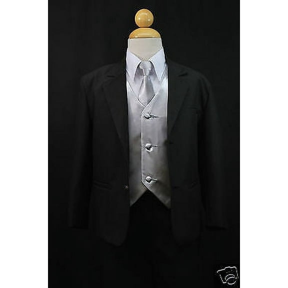 Boy Baby Toddler Kid Teen Formal Wedding Black Silver Suit Tuxedo 5pc Set S-20