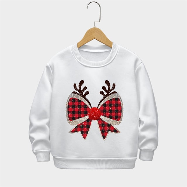 Cowsor Chandails en Molleton pour Filles Enfants Mignon Graphique Col Rond Chandail Tops Xmas Manches Longues Chemises de Vacances