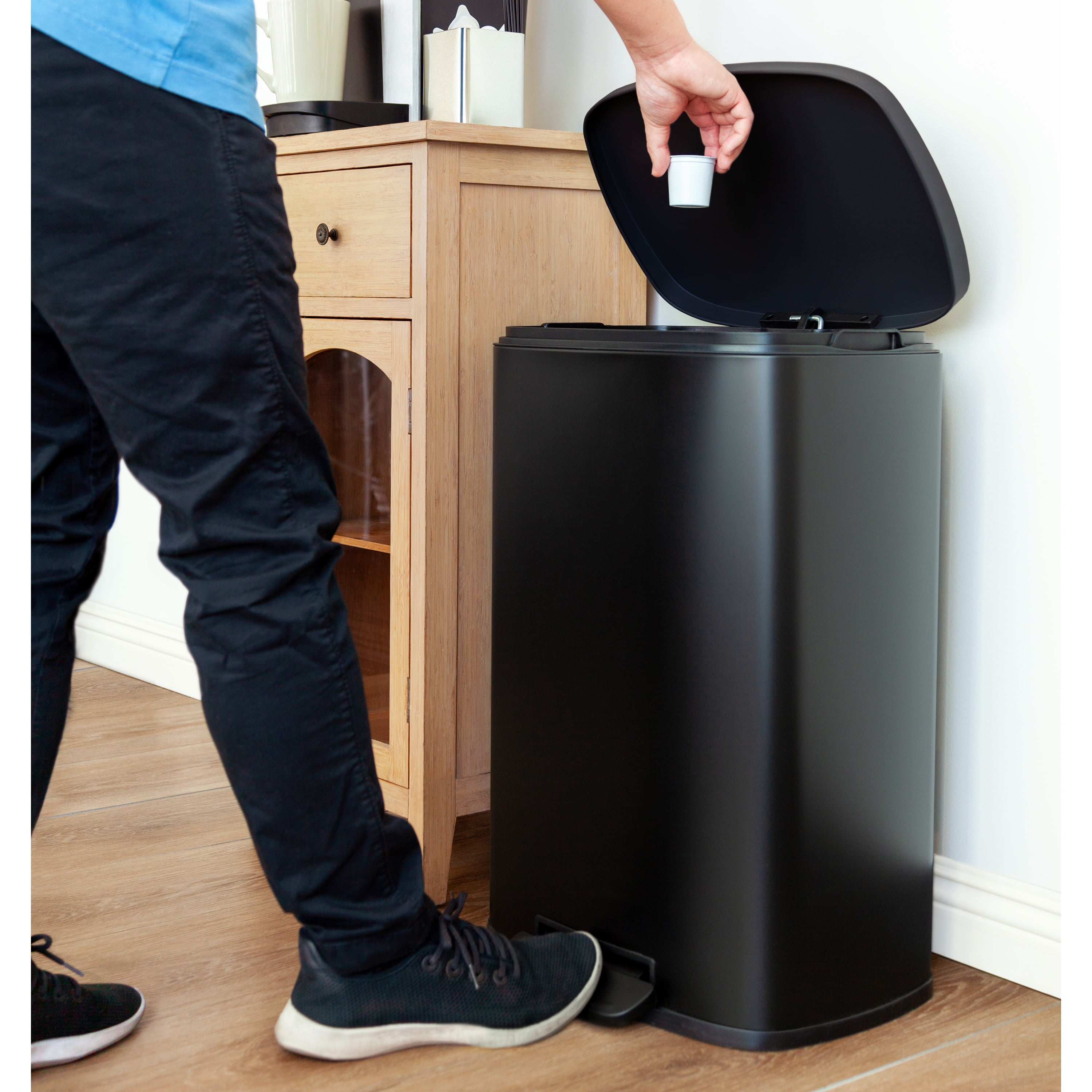 Qualiazero Kitchen Bathroom Trash Can Combo, 13.2 Gallon and 3.2 Gallon Stainless Steel Step Garbage Bin with Soft Close Lid, Matte Black