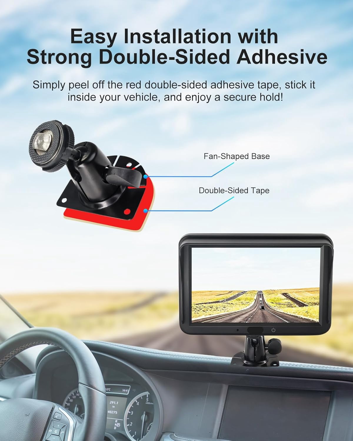 Fan-Shaped Mount for Backup Camera Monitor - No Drill Universal Bracket for Car, Truck, RV, Van Display - Easy Install with Heavy Duty Metal & Double-Sided Tape