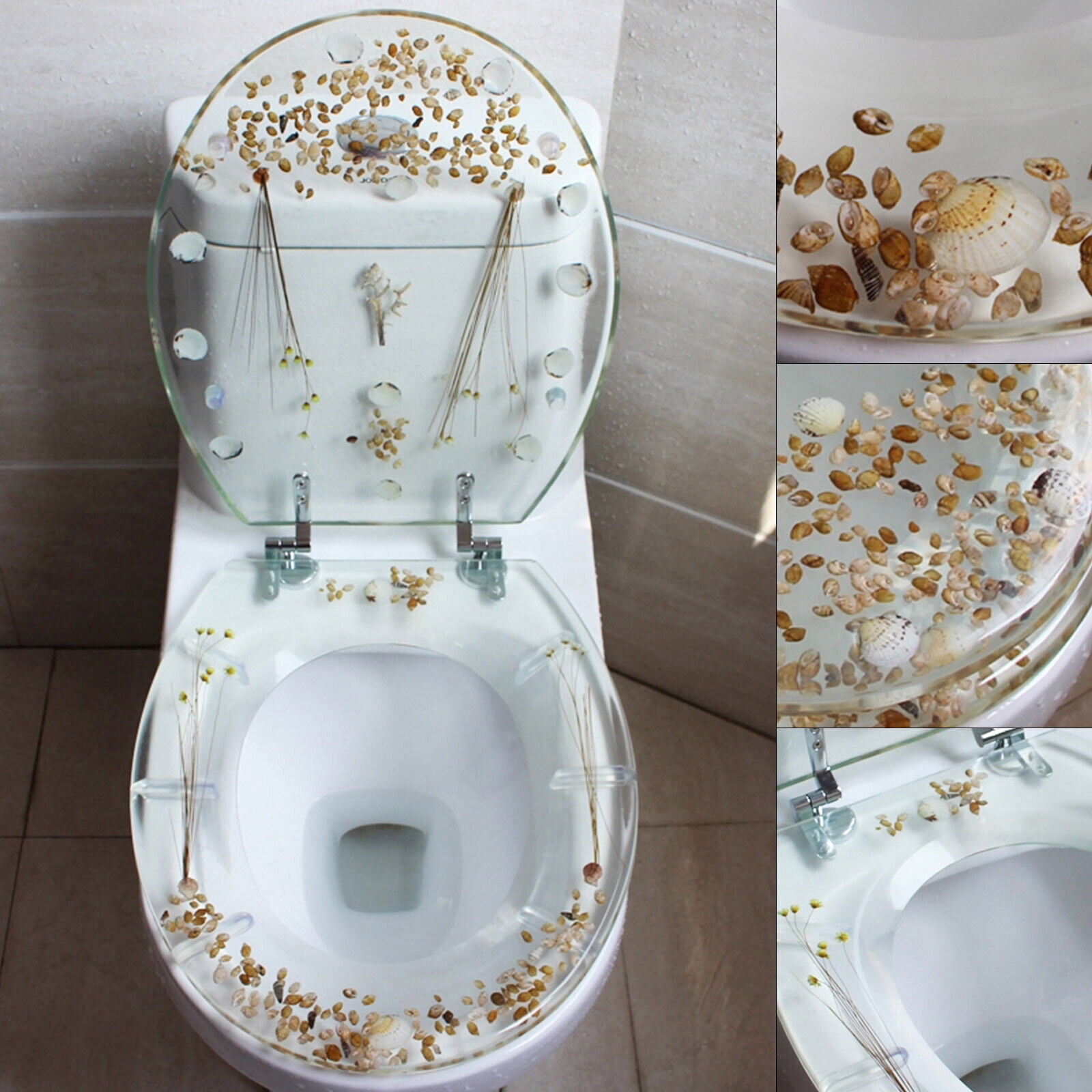 Resin Toilet Seat with Chrome Hinges Sea Shell Design U/V Shape Toilet Seat