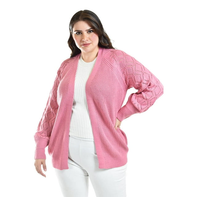 cárdigan de punto roman fashion rosa talla extra 40 abierto, corte holgado curvy con mangas largas caladas en rombos y cuerpo acanalado, sin botones, tejido stretch 94% acrílico 6% poliéster; capa ligera de suéter para otoño e invierno ideal para llevar sobre blusas o camisetas.