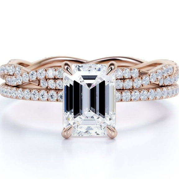 JeenMata Twisted Infinity 2.25 Carat Emerald Cut Four Prong Bridal Set in 18K Rose Gold Plating over Silver