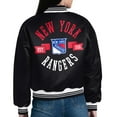 thumbnail image 3 of Women's Starter  Black New York Rangers Printed Round Team Logo Satin Varsity Full-Snap Jacket, 3 of 3