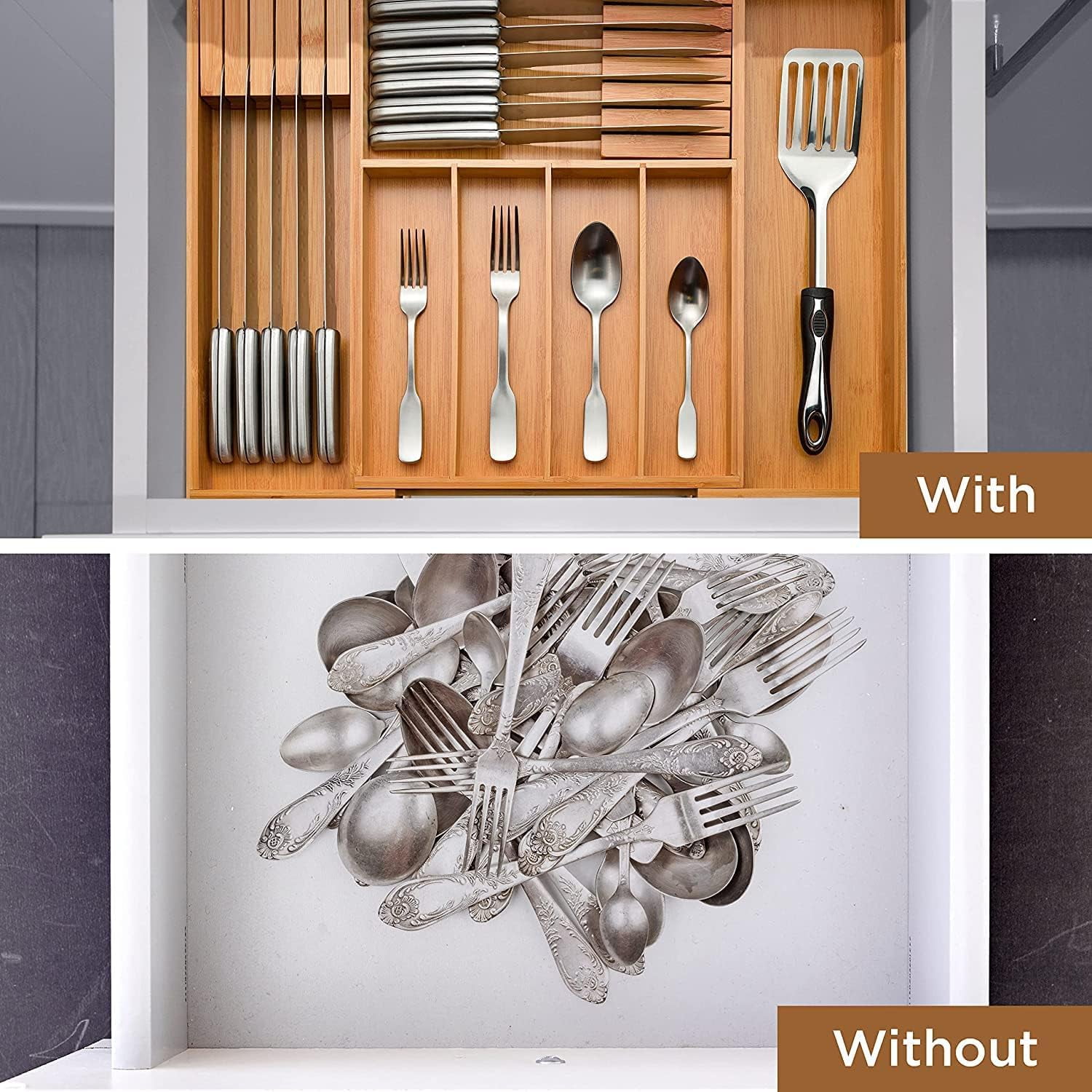 Expandable Silverware Organizer - Bamboo Kitchen Drawer Organizer, Utensil Holder - Drawer Organization and Storage in Kitchen, Bathroom or Bedroom