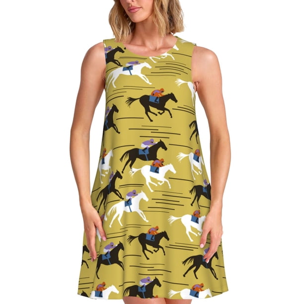 Fotbe Horsemen In Horseraces Vestido de Verano sin Mangas para Mujer – Vestido Midi Línea A, Estilo Camiseta Floral, Vestido Playero Casual y Fluido