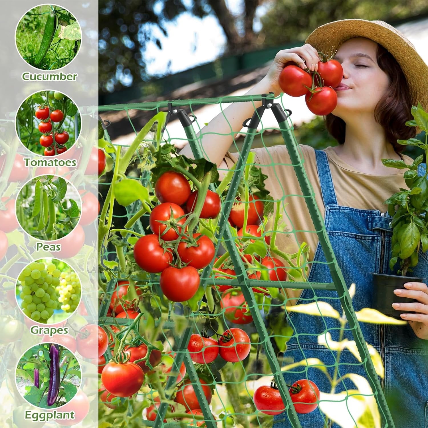 Cucumber Trellis for Raised Beds, 45 x 53 Inch Adjustable Size A-Frame Garden Trellis for Climbing  Outdoors with Climbing Net and  Support Clip for Vegetable Grape Tomato Bean Pea
