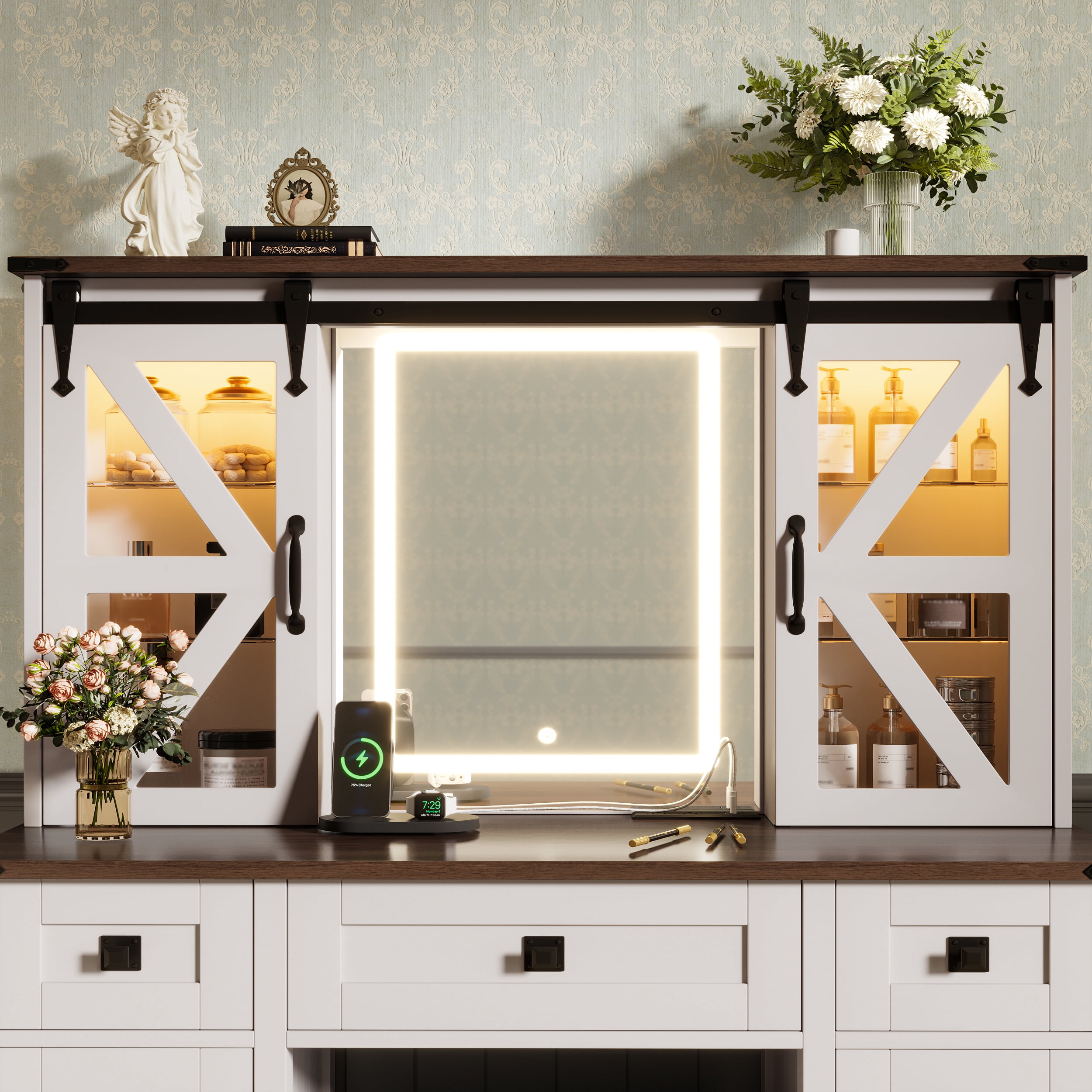 Euroco 43.3" Farmhouse Makeup Vanity Desk with Lighted Mirror,Dressing Table with Sliding Barn Door Hidden Shelves & 3 Drawers & 2 Cabinets, Beige